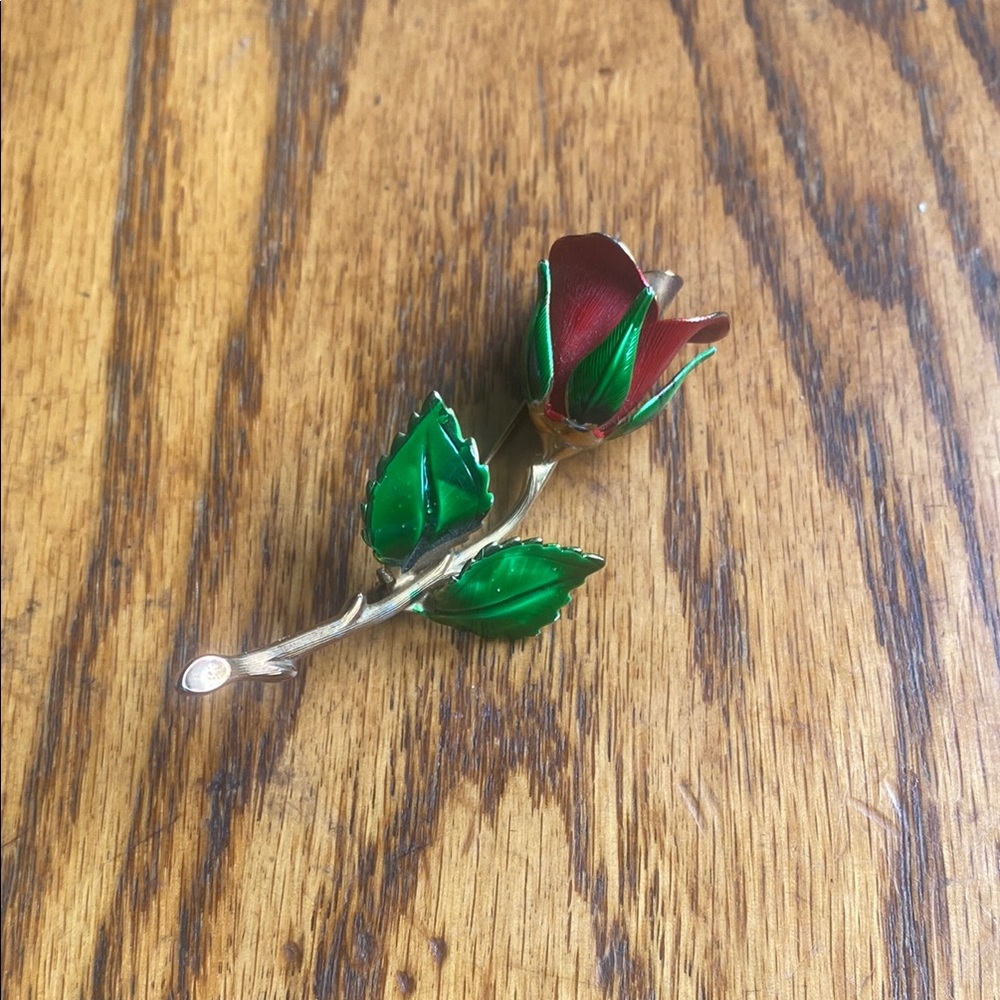 Gold-Tone Red and Green Enamel Rose Brooch
